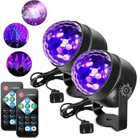 Black Light 6W UV Light Disco Ball LED Party Lights Sound Activated with Remote Control DJ Lighting, 7 Modes Stage Par Light for UV Party Halloween Decorations Birthday Party DJ Bar Xmas(2 pcs)