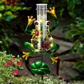 Solar Rain Gauge Outdoor, Metal Frog Shape, Plastic Tube, with 2 Feet Stake, Decorative for Yards, Garden, Lawn[New Version]