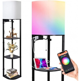 Floor Lamp with Shelves, Smart RGB Shelf Floor Lamp with 2 USB Ports & 1 Power Outlet, Modern Display Floor Lamps with RGB Bulb, Standing Lamp for Living Room, Bedroom and Office - Black